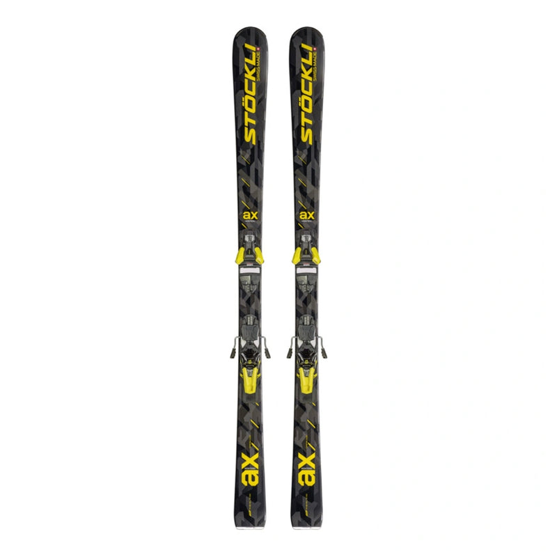 A pair of black Stockli ax ski boots with bright yellow branding and accents, shown vertically against a plain white background.