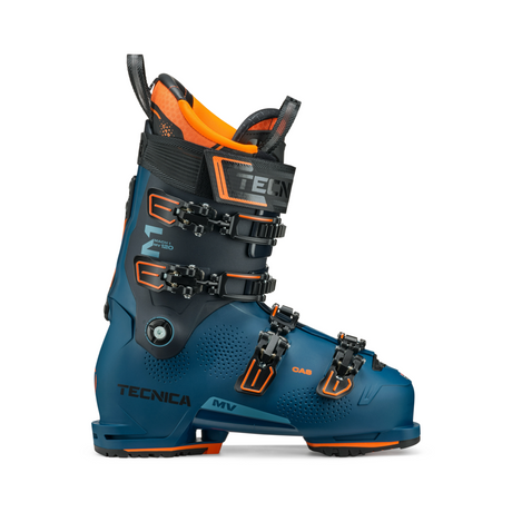 Blue, Black and orange ski boot