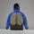 Two-tone blue and gray jacket with a brand logo on a white background