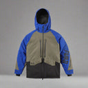 Two-tone blue and gray jacket with a brand logo on a white background
