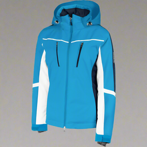 Blue and white jacket with a hood on a white background
