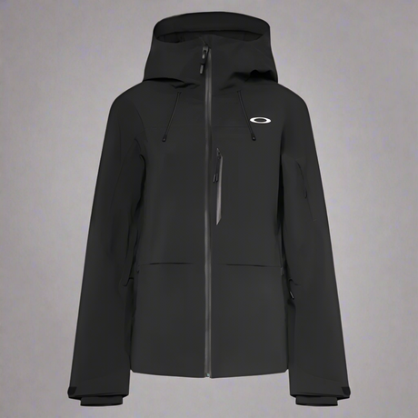 Black jacket with a brand logo on a light gray background