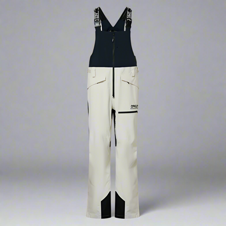 White ski bib with black accents on a white background