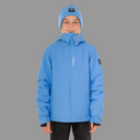 Person wearing a blue jacket and beanie on a white background