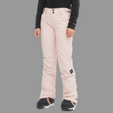 Light pink snow pants worn by a person on a white background