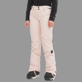 Light pink snow pants worn by a person on a white background