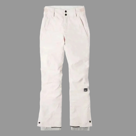 White pants with a small logo on a white background