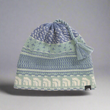 Knitted beanie with pattern and brand logo on a white background