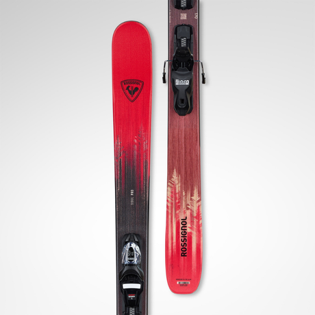 Red and black ski with binding on a light gray background