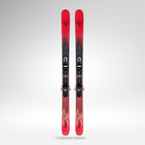 Red and black skis with bindings on a gray background