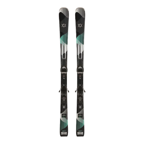 Pair of skis with bindings on a white background