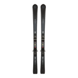 Pair of black skis with bindings on a white background