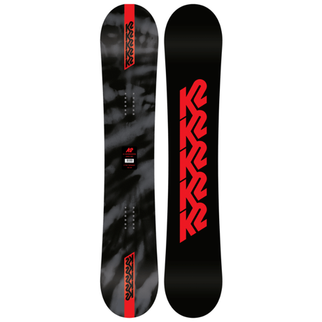 Black snowboard with red text on a white background