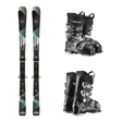 Pair of black ski boots and two skis on a white background