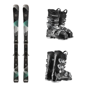 Pair of black ski boots and two skis on a white background