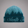 Blue beanie with mountain design and 'The North Face' logo on a white background