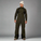 Person wearing a green bib overalls and white beanie on a white background