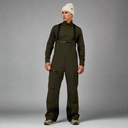 Person wearing a green bib overalls and white beanie on a white background