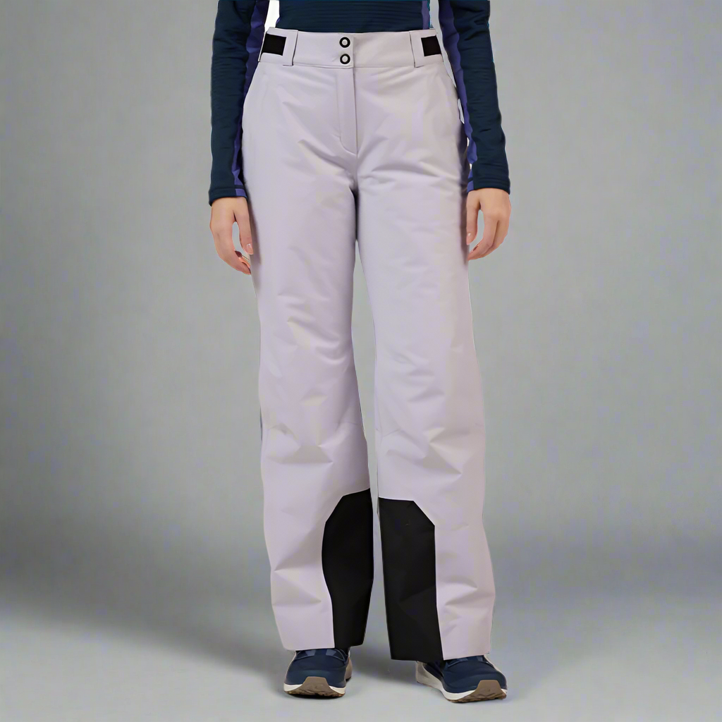 Light gray snow pants with black accents worn by a person on a white background