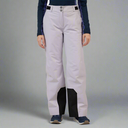 Light gray snow pants with black accents worn by a person on a white background