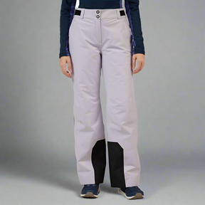 Light gray snow pants with black accents worn by a person on a white background