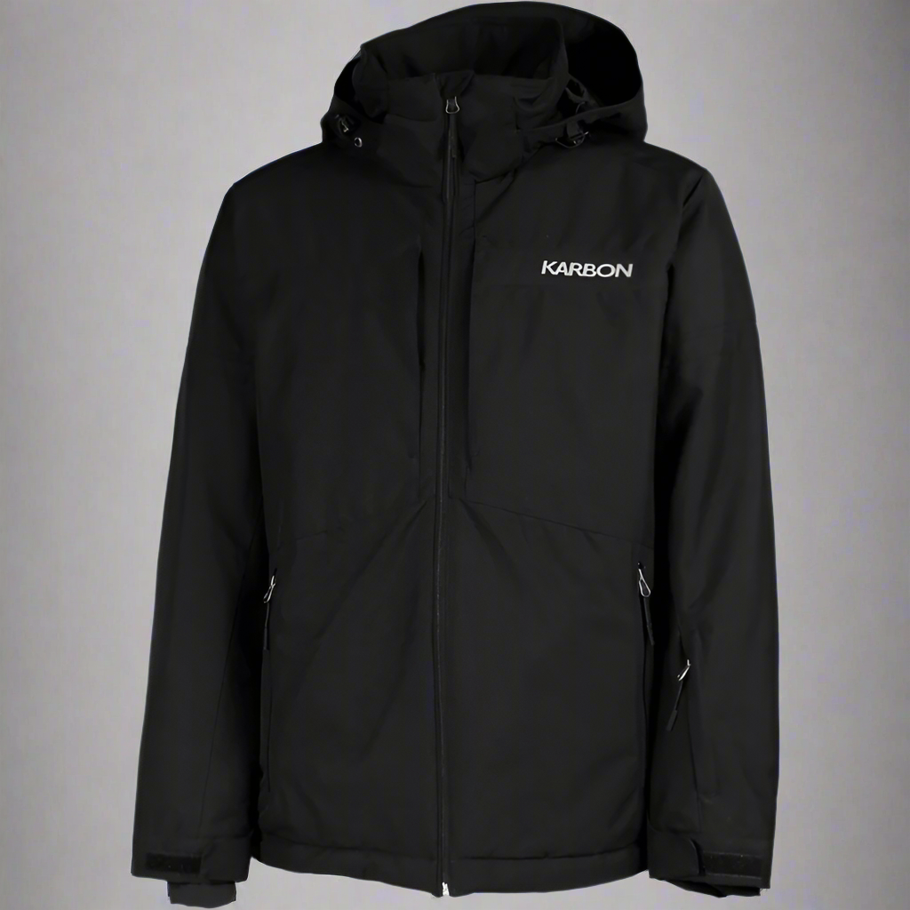 Black jacket with 'Karbon' logo on a white background