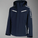 Navy blue jacket with white zippers and accents on a white background