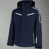 Navy blue jacket with white zippers and accents on a white background