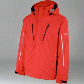 Red jacket with black zippers on a white background