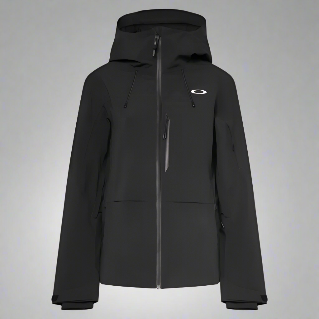 Black jacket with a brand logo on a light gray background