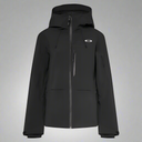 Black jacket with a brand logo on a light gray background