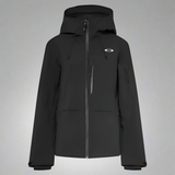 Black jacket with a brand logo on a light gray background