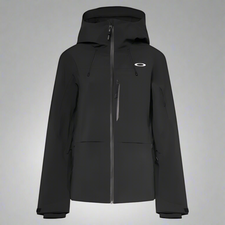 Black jacket with a brand logo on a light gray background
