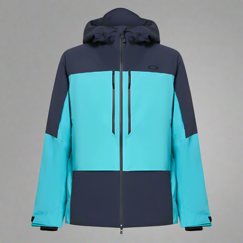 Two-tone blue and navy jacket with a brand logo on a light gray background