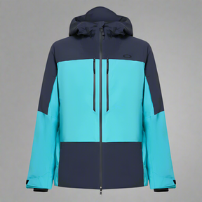 Two-tone blue and navy jacket with a brand logo on a light gray background