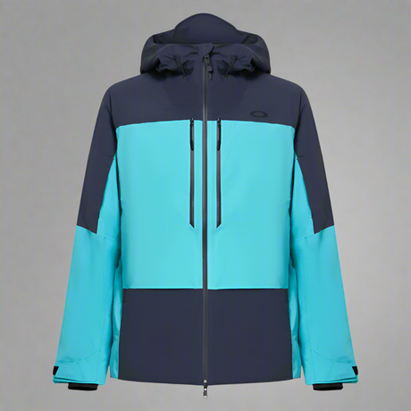 Two-tone blue and navy jacket with a brand logo on a light gray background