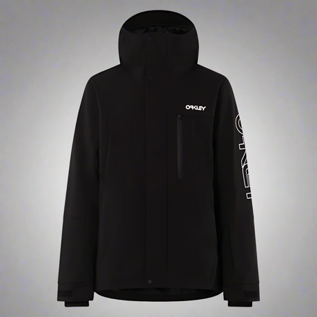 Black jacket with brand logo on a light gray background
