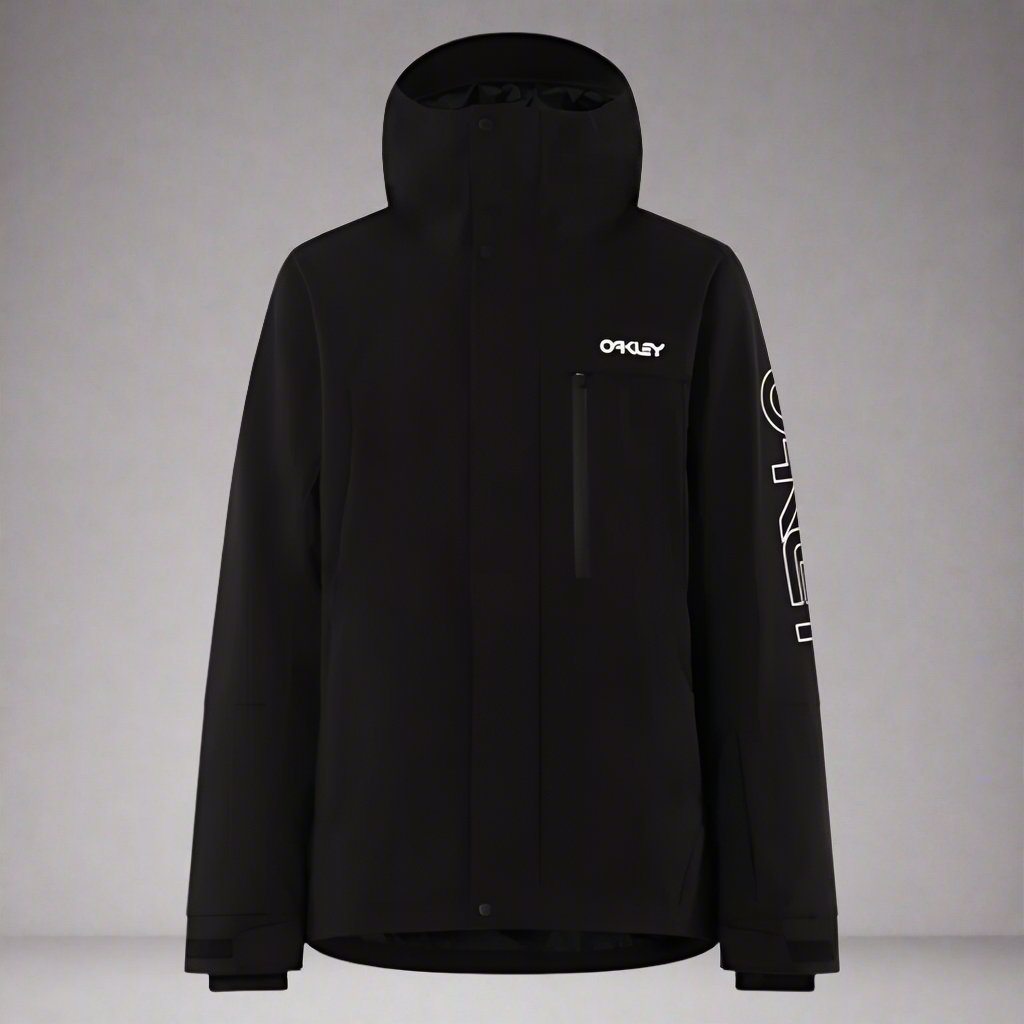Black jacket with brand logo on a light gray background