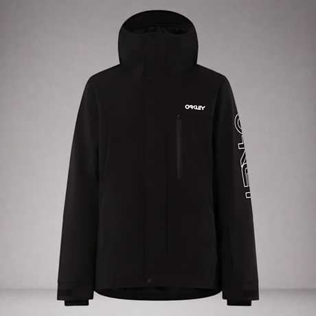 Black jacket with brand logo on a light gray background