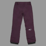Maroon snow pants with a brand logo on a white background