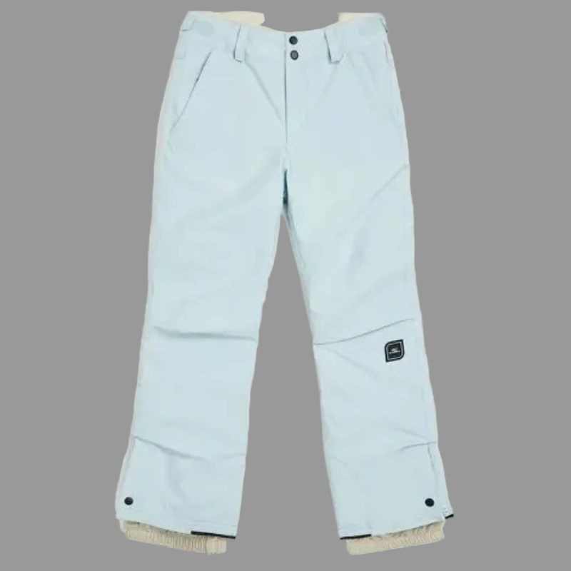 Light blue snow pants with a brand logo on a white background