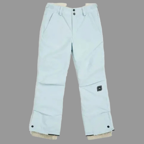 Light blue snow pants with a brand logo on a white background