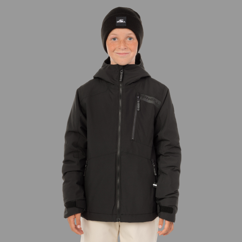 Person wearing a black jacket and beanie on a white background