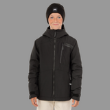 Person wearing a black jacket and beanie on a white background