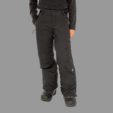 Person wearing black snow pants on a white background