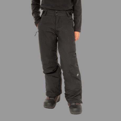 Person wearing black snow pants on a white background