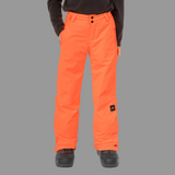 Orange snow pants worn by a person on a white background