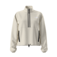 Beige fleece jacket with black zipper and accents on a white background