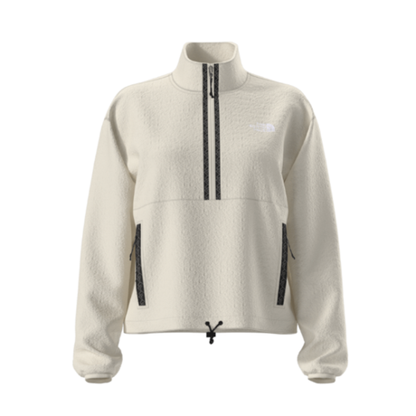 Beige fleece jacket with black zipper and accents on a white background