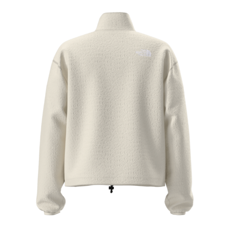 Beige fleece jacket on a mannequin with a visible brand logo against a white background